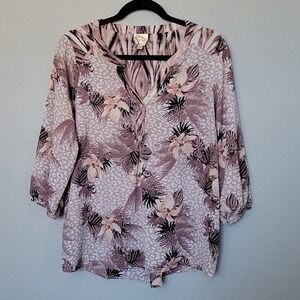 Fig And Flower Popover Mixed Floral And Animal Print 3/4 Sleeve Blouse Medium